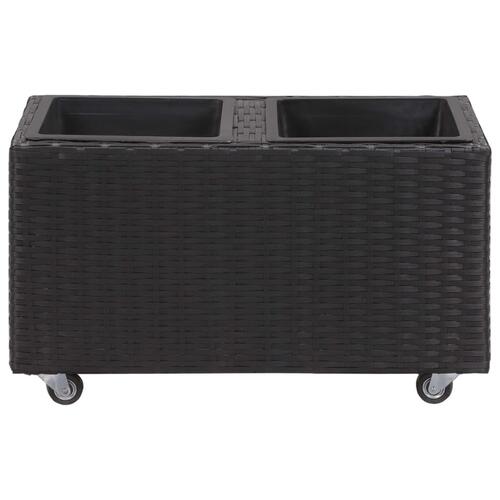 Plantekasse med 2 krukker 60x30x36 cm polyrattan sort
