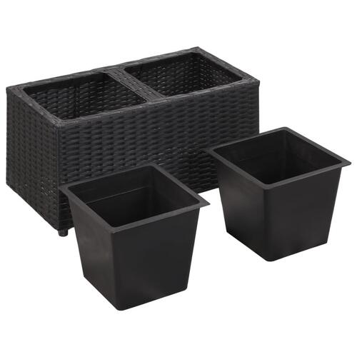 Plantekasse med 2 krukker 60x30x36 cm polyrattan sort