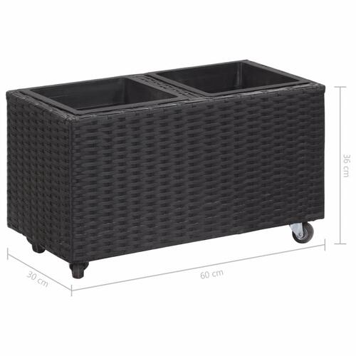 Plantekasse med 2 krukker 60x30x36 cm polyrattan sort