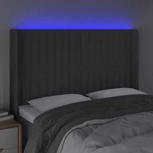 Sengegavl med LED-lys 147×16×118/128 cm - stof, mørkegrå