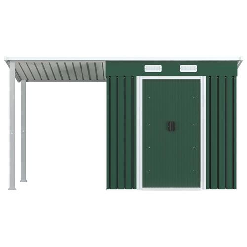 Haveskur med forlænget tag 346x121x181 cm stål grøn