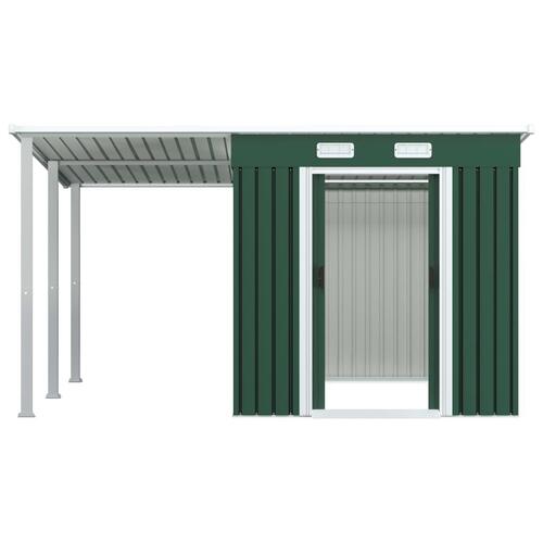Haveskur med forlænget tag 346x236x181 cm stål grøn