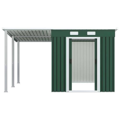 Haveskur med forlænget tag 336x270x181 cm stål grøn