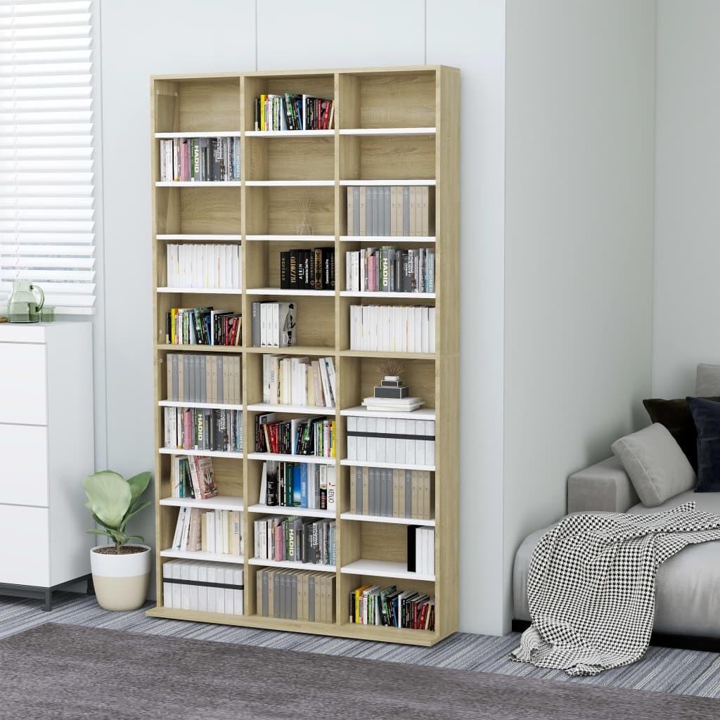 Cd-reol 102x16x177,5 cm konstrueret træ hvid og sonoma-eg