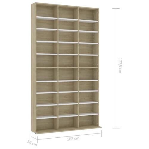 Cd-reol 102x16x177,5 cm konstrueret træ hvid og sonoma-eg