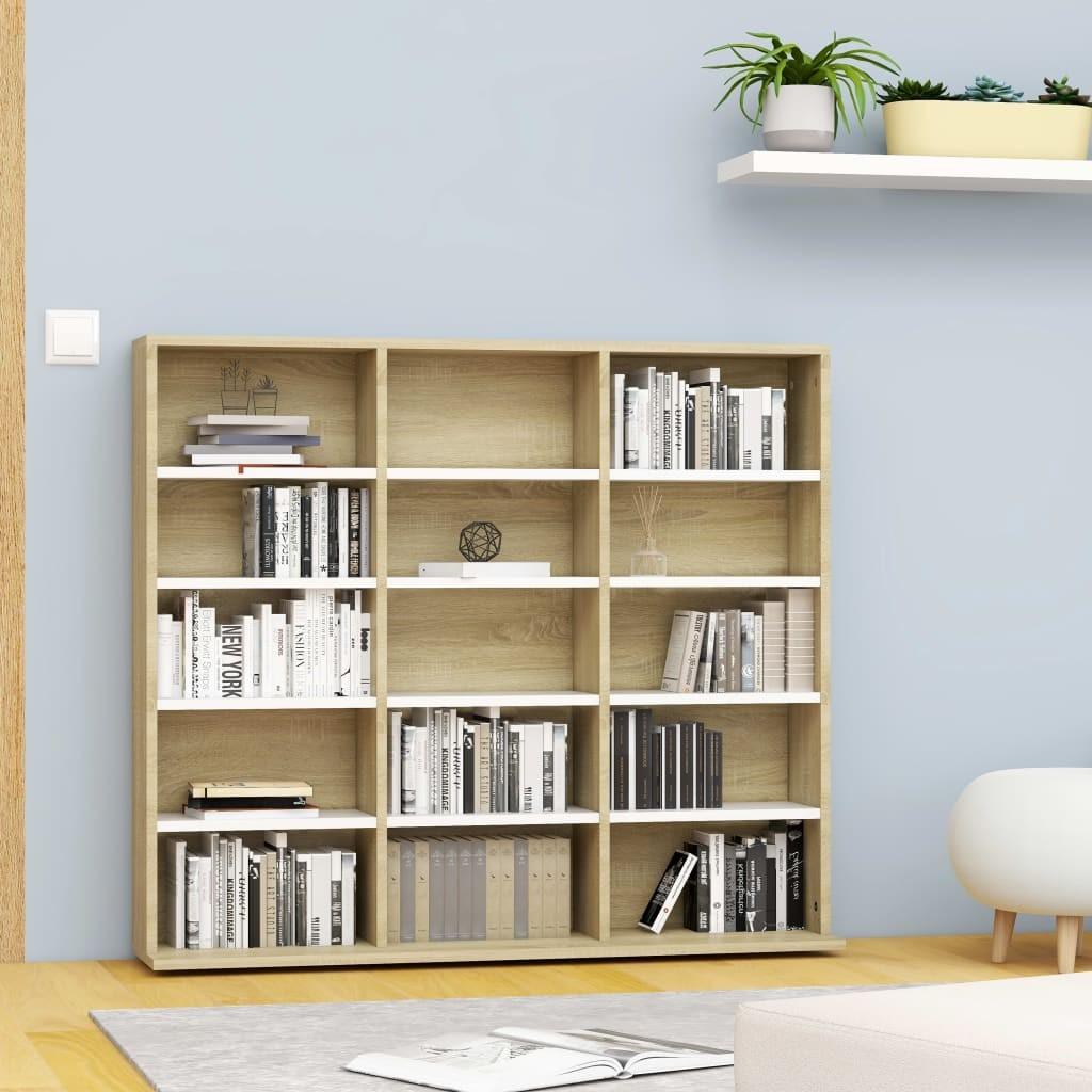 Cd-reol 102x23x89,5 cm konstrueret træ hvid og sonoma-eg