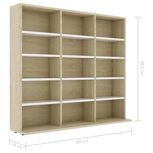 Cd-reol 102x23x89,5 cm konstrueret træ hvid og sonoma-eg