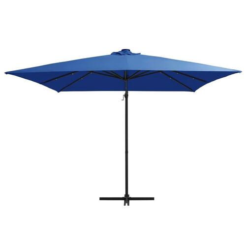 Hængeparasol med LED-lys og stålstang 250x250 cm azurblå