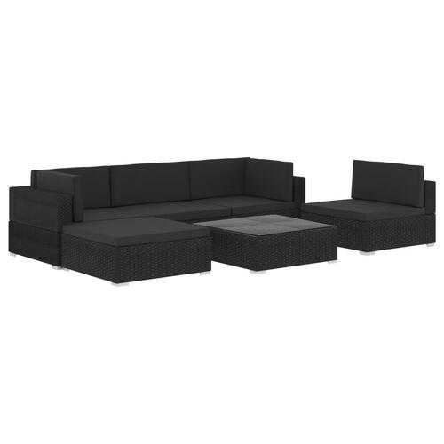Haveloungesæt 6 dele med hynder polyrattan sort