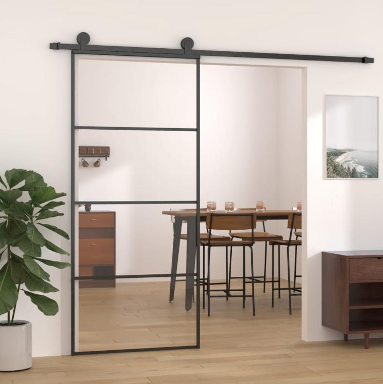 Skydedør 90x205 cm sikkerhedsglas og aluminium sort