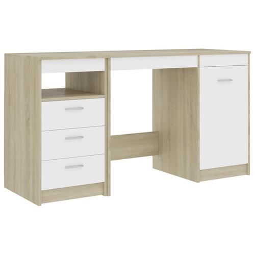 Skrivebord 140x50x76 cm spånplade hvid og sonoma-eg