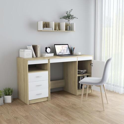 Skrivebord 140x50x76 cm spånplade hvid og sonoma-eg
