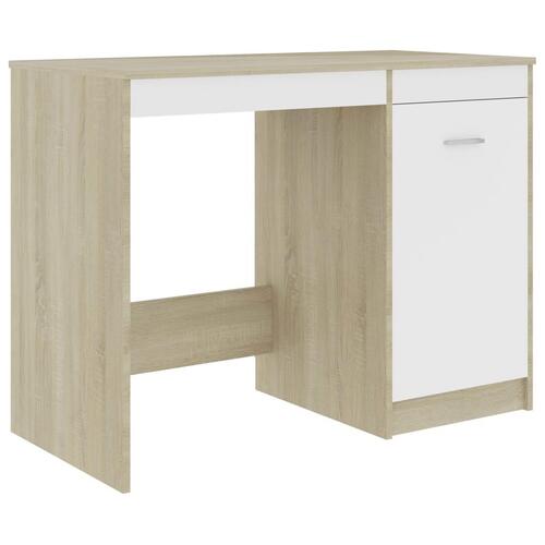 Skrivebord 140x50x76 cm spånplade hvid og sonoma-eg