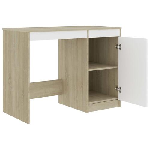 Skrivebord 140x50x76 cm spånplade hvid og sonoma-eg
