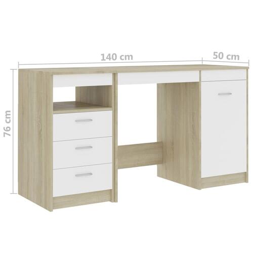 Skrivebord 140x50x76 cm spånplade hvid og sonoma-eg
