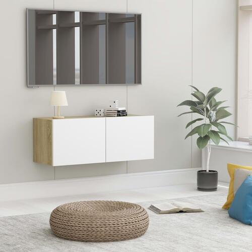 Tv-bord 80x30x30 cm konstrueret træ hvid og egetræsfarvet