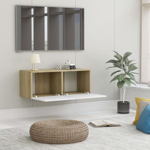 Tv-bord 80x30x30 cm konstrueret træ hvid og egetræsfarvet