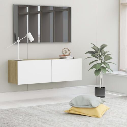 Tv-bord 100x30x30 cm konstrueret træ hvid og sonoma-eg