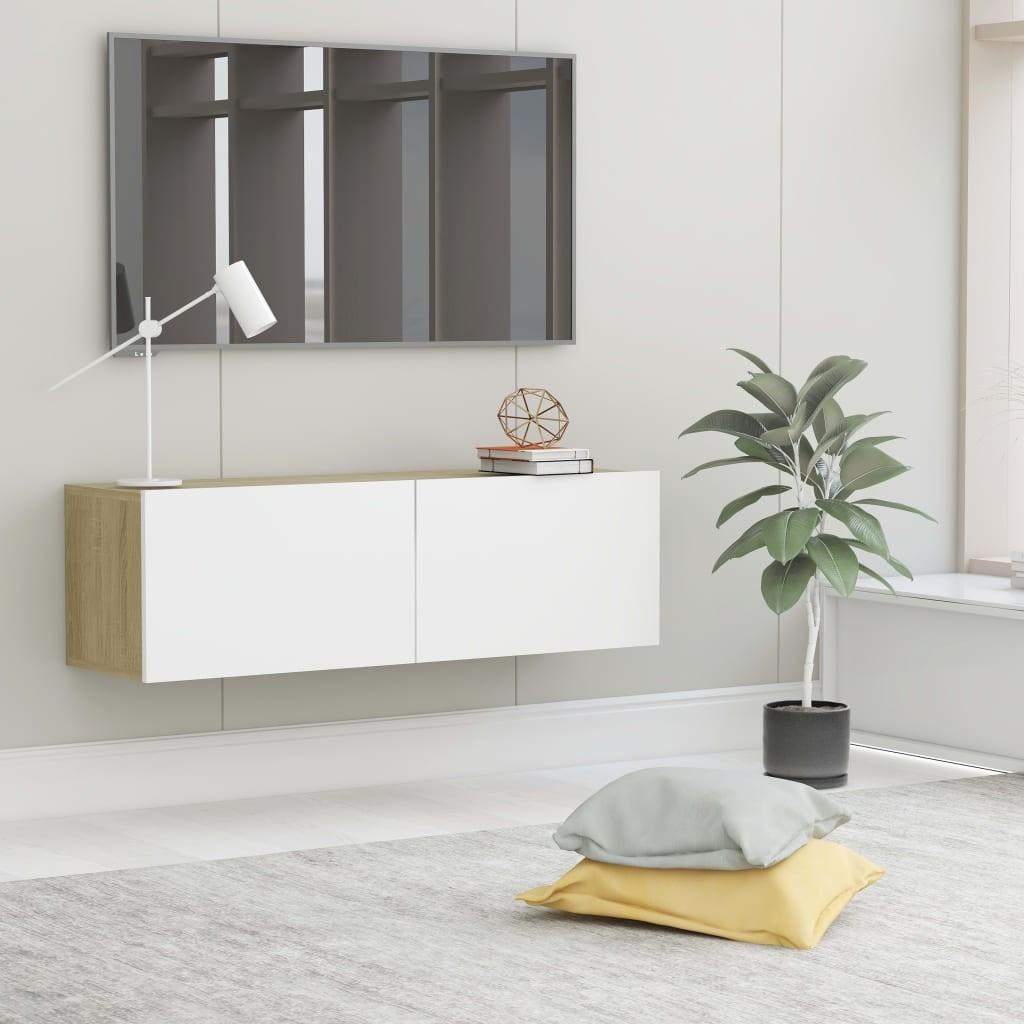 Tv-bord 100x30x30 cm konstrueret træ hvid og sonoma-eg
