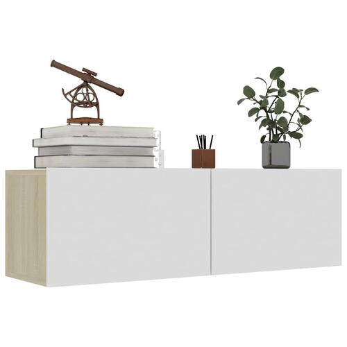 Tv-bord 100x30x30 cm konstrueret træ hvid og sonoma-eg