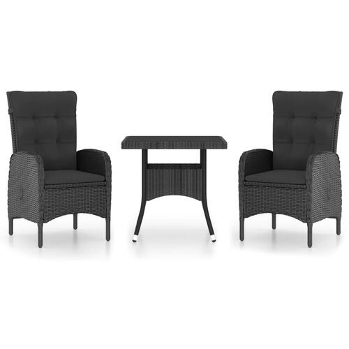 Spisebordssæt til haven 3 dele polyrattan og glas sort