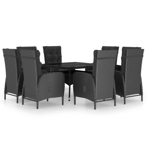 Spisebordssæt til haven 9 dele polyrattan og glas sort