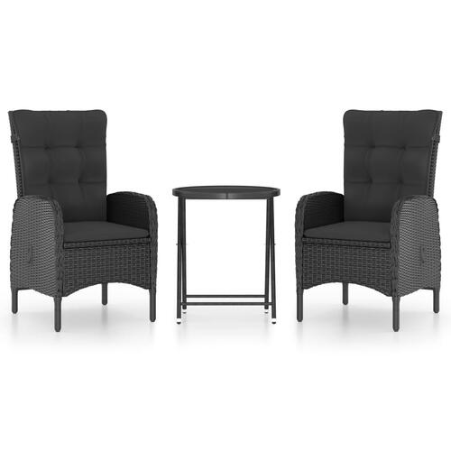Bistrosæt til haven 3 dele polyrattan og glas sort