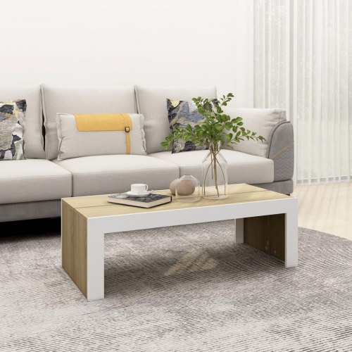 Sofabord 110x50x35 cm spånplade hvid og sonoma-eg