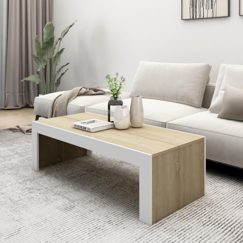 Sofabord 110x50x35 cm spånplade hvid og sonoma-eg