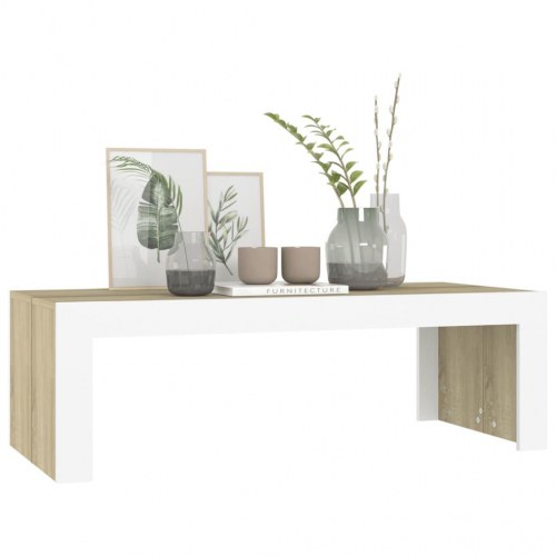 Sofabord 110x50x35 cm spånplade hvid og sonoma-eg