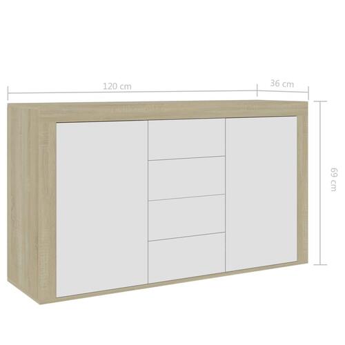 Skænk 120x36x69 cm spånplade hvid og sonoma-eg