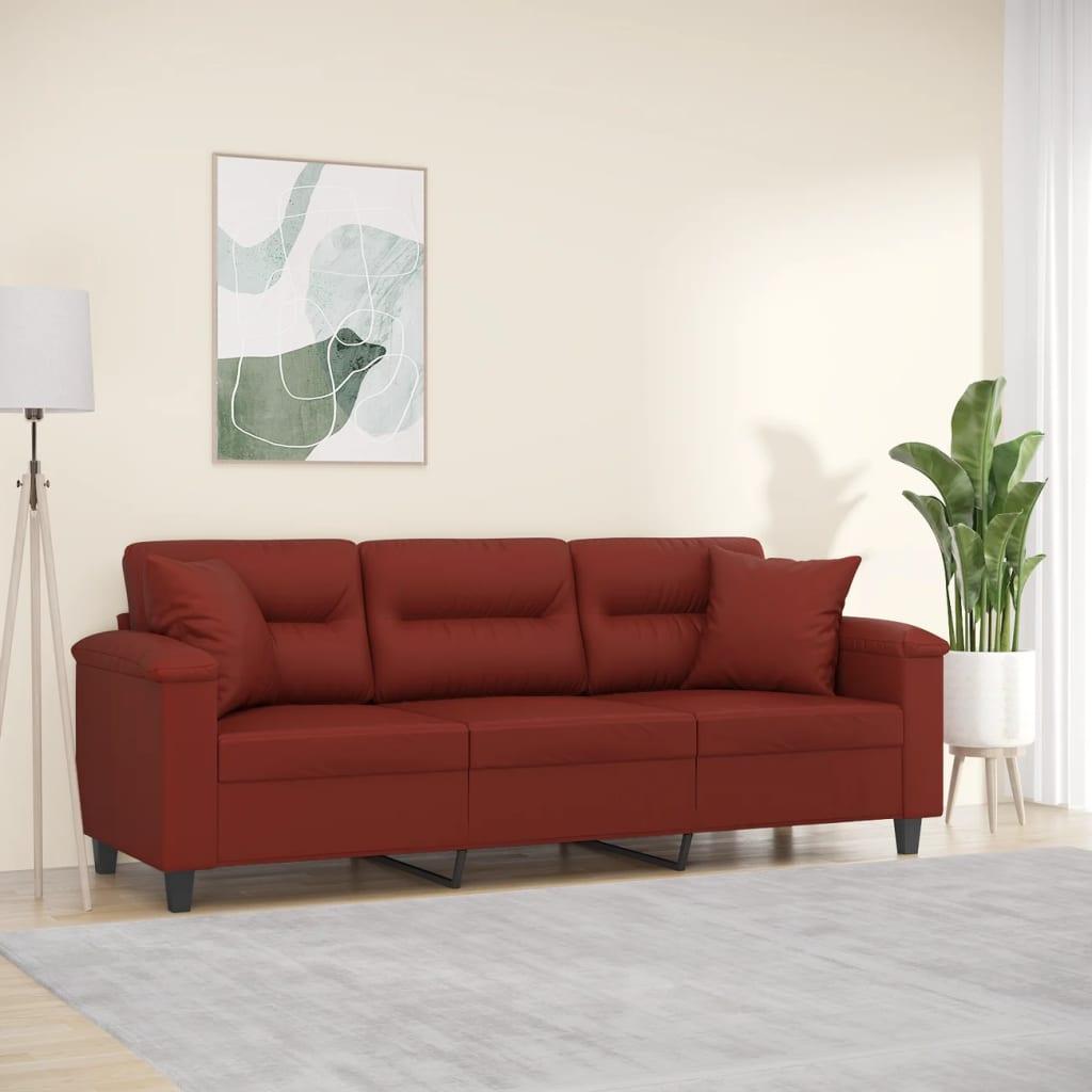 3-personers sofa med puder og hynder 180 cm kunstlæder vinrød