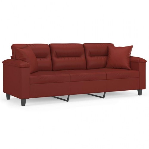 3-personers sofa med puder og hynder 180 cm kunstlæder vinrød