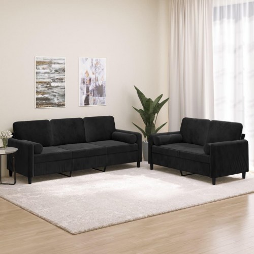 Sofasæt 2 dele med pyntepuder og hynder velour sort
