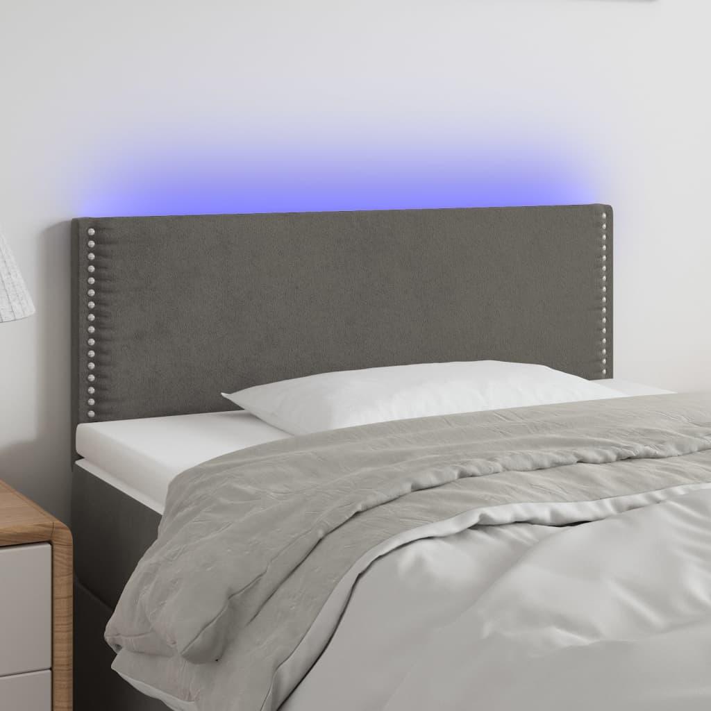 Sengegavl med LED-lys 100x5x78/88 cm fløjl mørkegrå billede
