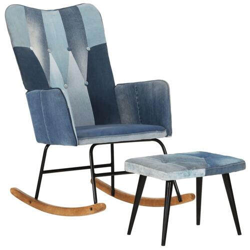Lænestol med fodskammel denim-patchwork lærred blå