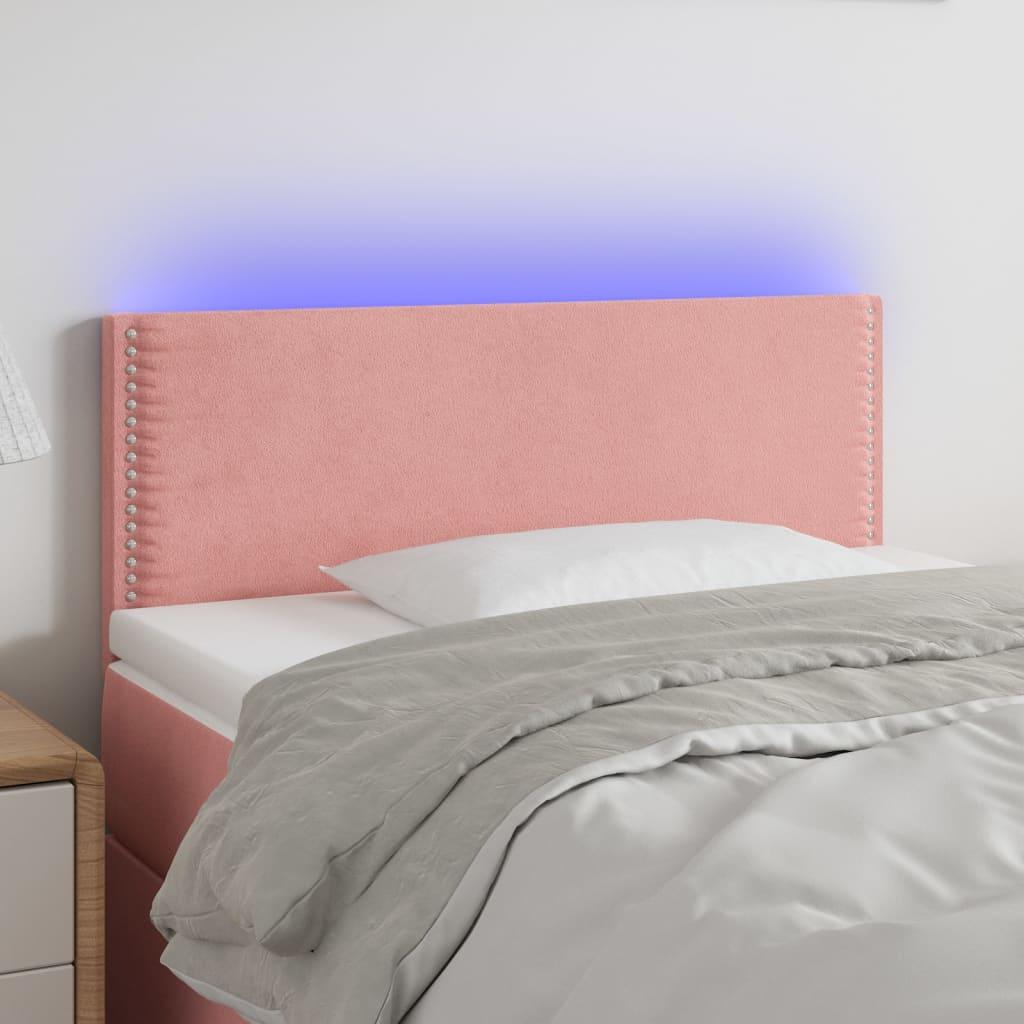 Sengegavl med LED-lys 100x5x78/88 cm fløjl lyserød billede