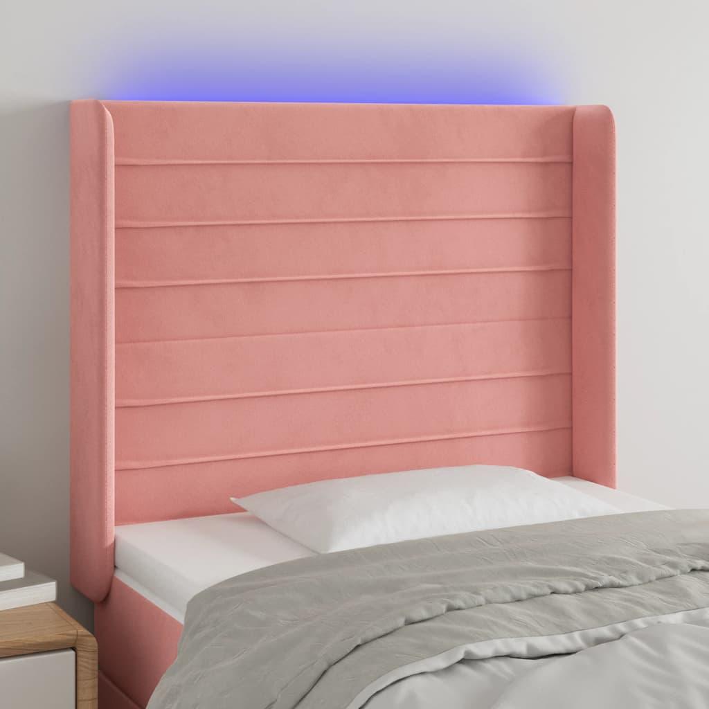 Sengegavl med LED-lys 93x16x118/128 cm fløjl lyserød billede