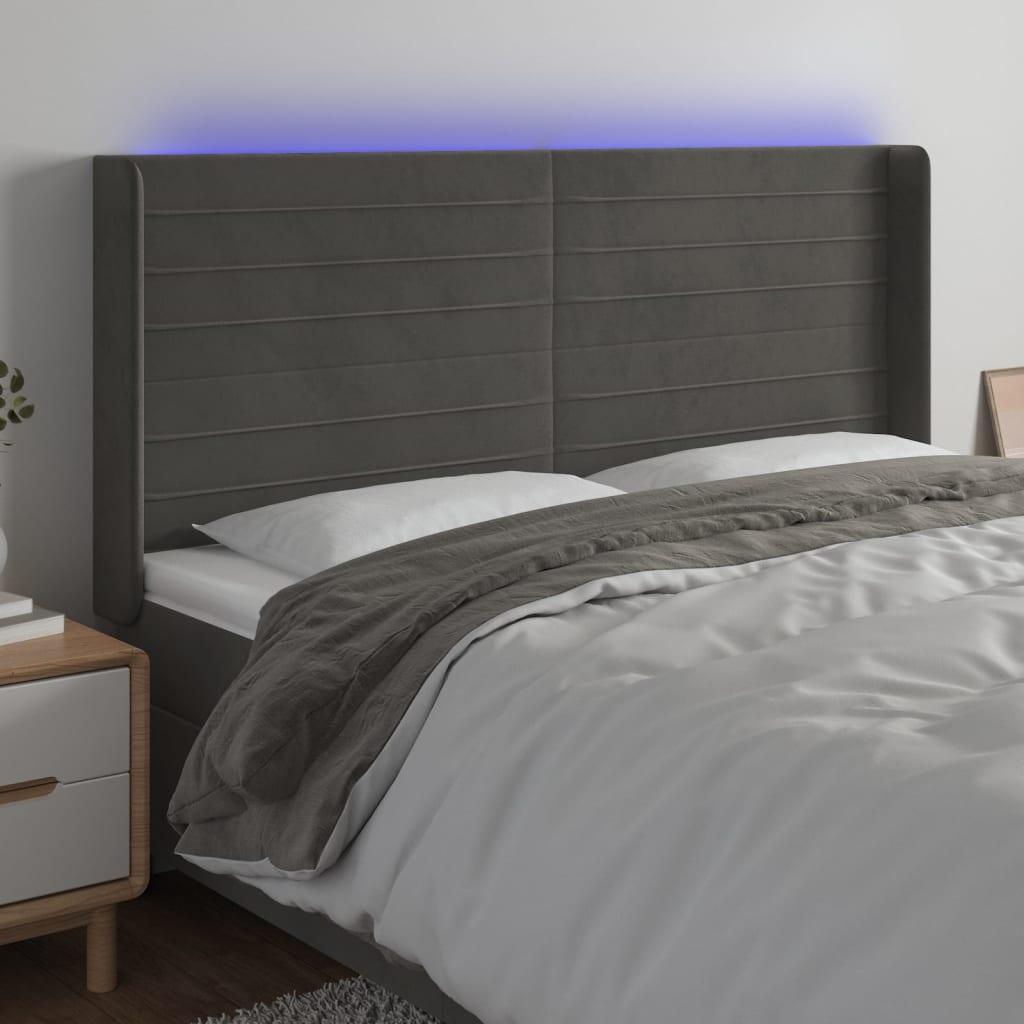 Sengegavl med LED-lys 183x16x118/128 cm fløjl mørkegrå billede