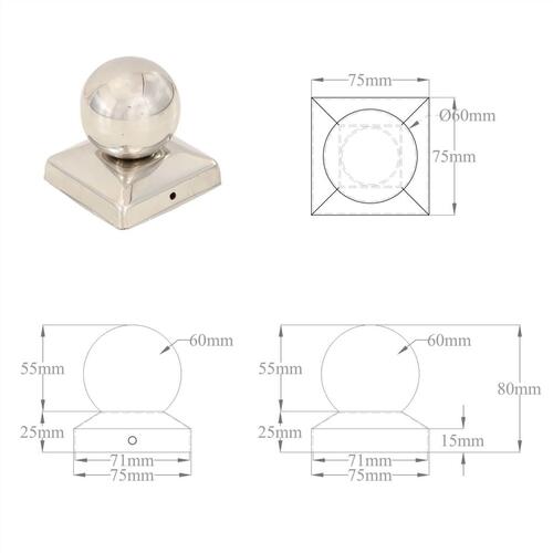 Globusformet stolpehætte 6 stk. 71x71 mm rustfrit stål