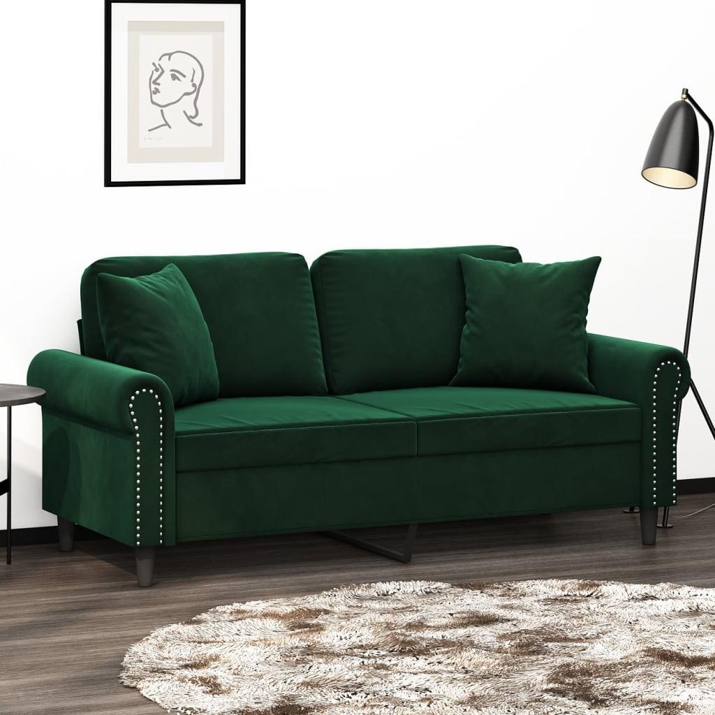 2-personers sofa med puder og hynder 140 cm velour mørkegrøn