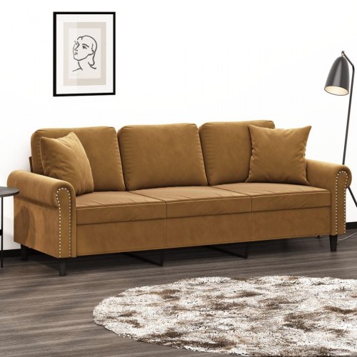3-personers sofa med puder og hynder 180 cm velour brun