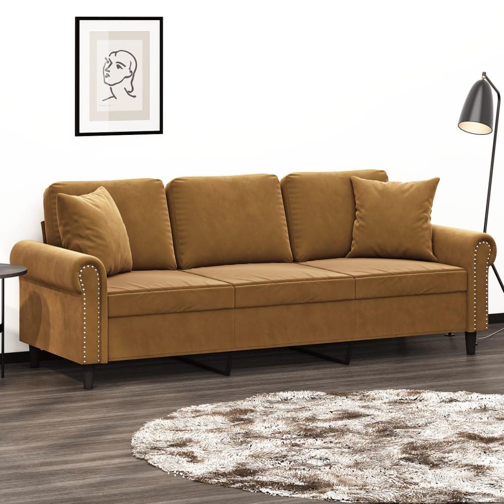 3-personers sofa med puder og hynder 180 cm velour brun