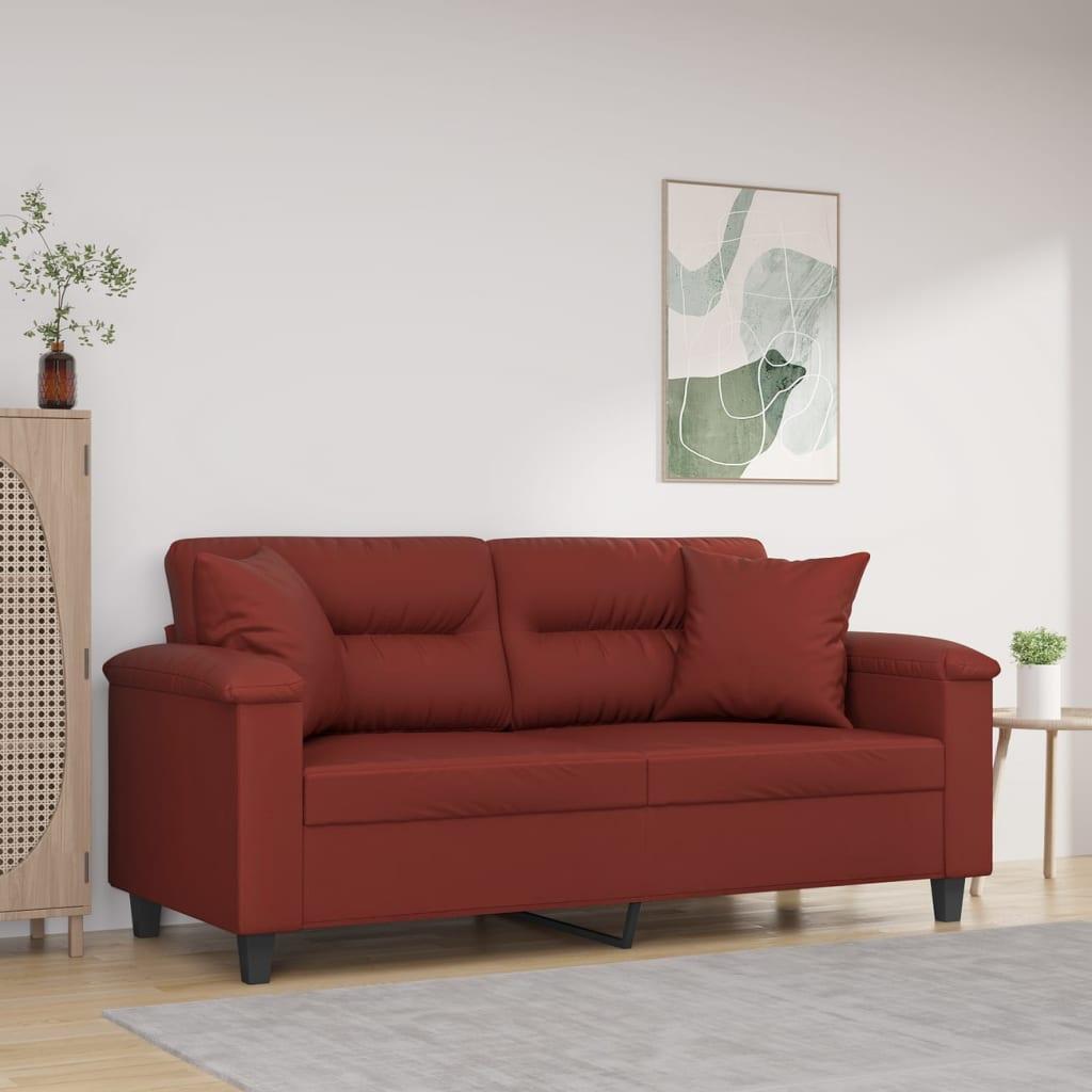 2-personers sofa med puder og hynder 140 cm kunstlæder vinrød