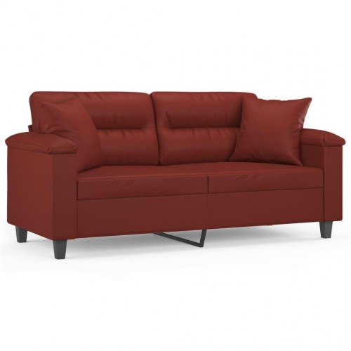 2-personers sofa med puder og hynder 140 cm kunstlæder vinrød