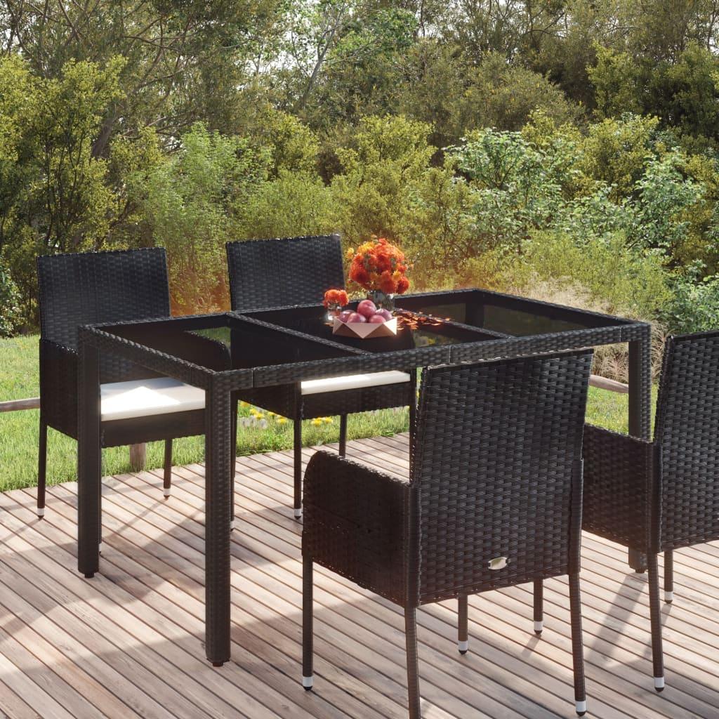 Havebord med glastop 150x90x75 cm polyrattan sort