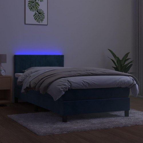 Kontinentalseng med madras og LED-lys 90×190 cm - fløjl, mørkeblå