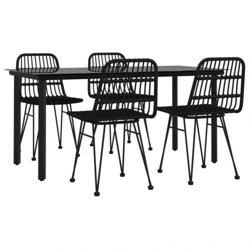 Spisebordssæt til haven - 5 dele i sort polyrattan med glasbord