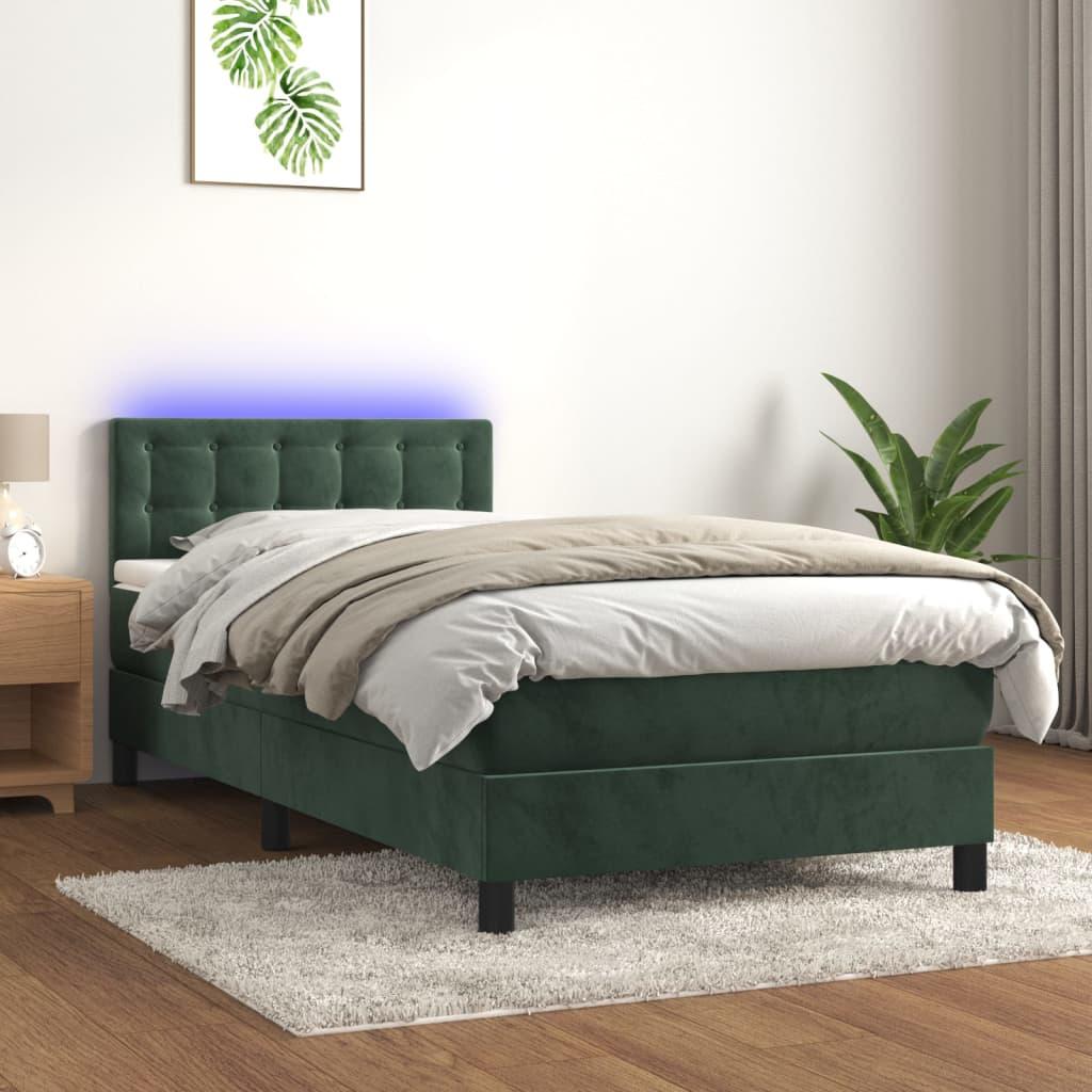 Kontinentalseng med LED-lys 90x190 cm fløjl mørkegrøn