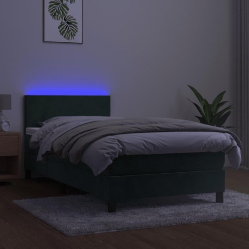 Kontinentalseng med madras og LED-lys 90×190 cm - fløjl, mørkegrøn